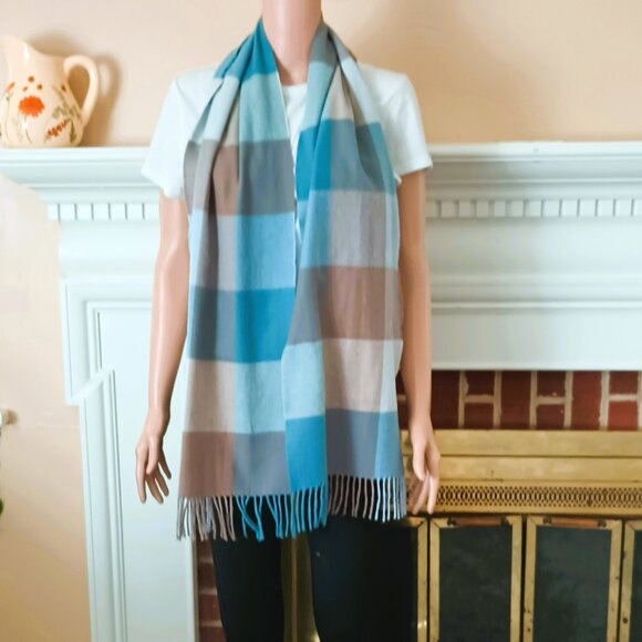 Classic Blue Plaid Cashmere Scarf 72x12 Unisex Rectangle Fringe - Picture 2 of 4
